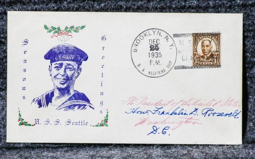 USS SEATTLE CHRISTMAS NAVAL CACHET ADDRESSED TO FRANKLIN D ROOSEVELT FROM HIS STAMP COLLECTION