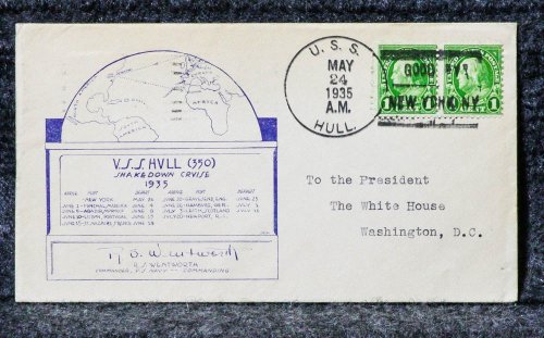 USS HULL NAVAL CACHET ADDRESSED TO FRANKLIN D ROOSEVELT FROM HIS STAMP COLLECTION -SHAKEDOWN CRUISE-LOST 1944 OFF LUZON