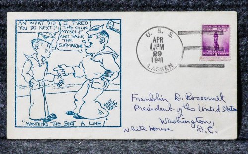 USS LASSEN NAVAL CACHET ADDRESSED TO FRANKLIN D ROOSEVELT FROM HIS STAMP COLLECTION