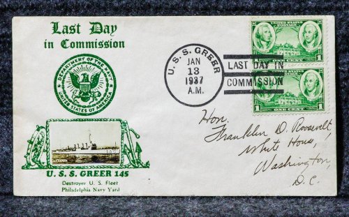 USS GREER 145 [MOUNTED PHOTO] NAVAL CACHET ADDRESSED TO FRANKLIN D ROOSEVELT FROM HIS STAMP COLLECTION