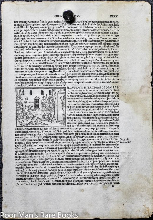 1495 INCUNABLE LEAF LIVIUS TITUS. HISTORIAEROMANAE DECADES. LEAF 125 WITH WOODCUT. VENICE PHILPPUS PINCIUS FOR LUCABTONIO GIUNTA