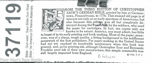 Saur Bible Gun Wad Bible 1st America Of Native Materials Including Type 1776