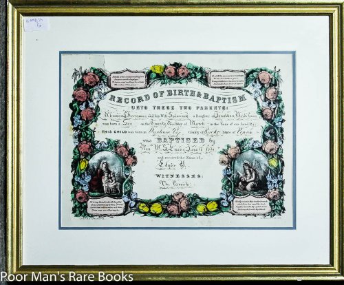 Framed Lithograph Record Of Birth And Baptism Currier & Ives Lbc