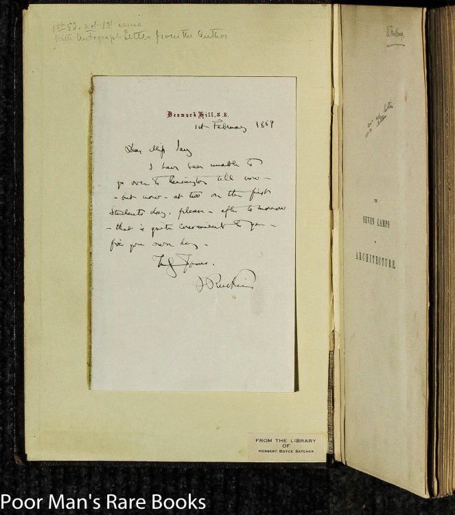 Seven Lamps Of Architecture [ 1st Ed, 1st Issue, Ruskin Signed Letter]