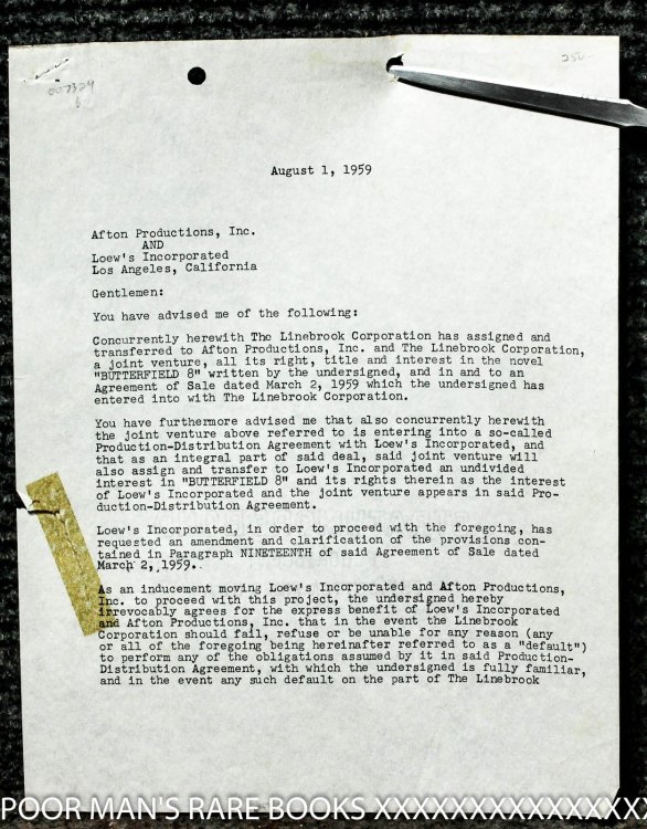 2 Page T L S John O'hara Author, Executive, Playwrite, Afton Productions. Butterfield 8 Movie
