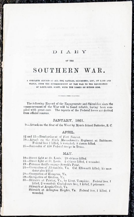 Diary Of The Southern War [all Fights And Lincolniana Skirmishes With Losses On Both Sides Extract