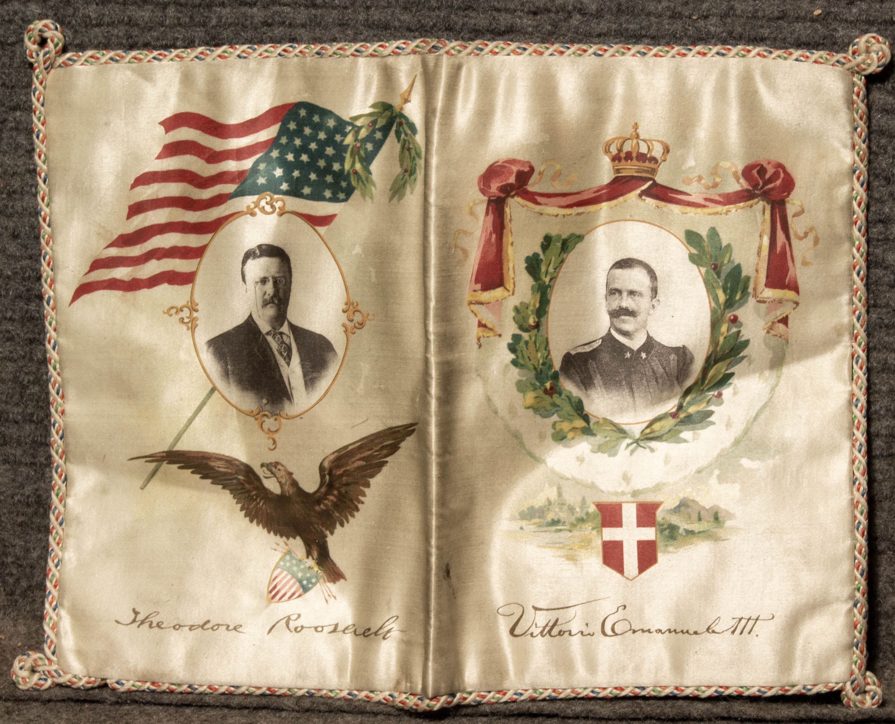 Waldorf Astoria Silk Menu Cover 1908 Picturing Teddy Roosevelt And Vittorio Emanuel III