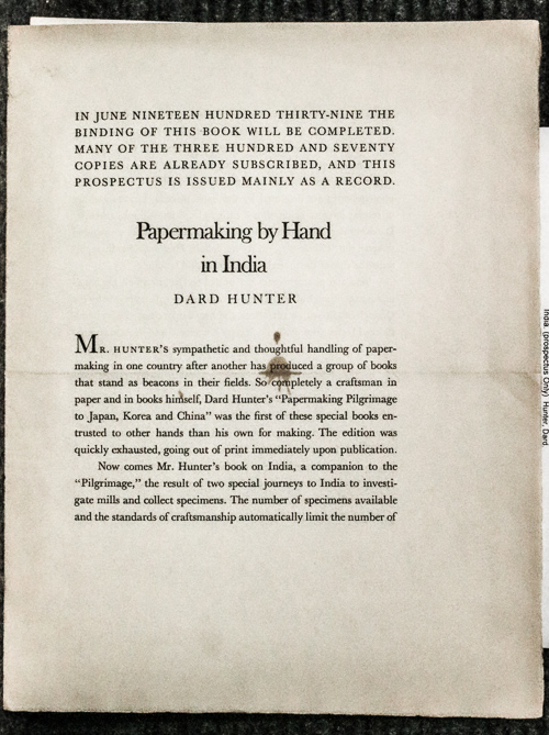 Papermaking By Hand In India. (prospectus Only)