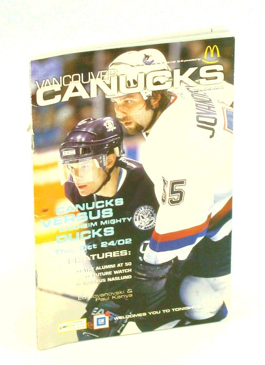 Vancouver Canucks Official Program Vol. 36, No. 1, October 2002 - Paul Kariya / Ed Jovanovski Cover Photo