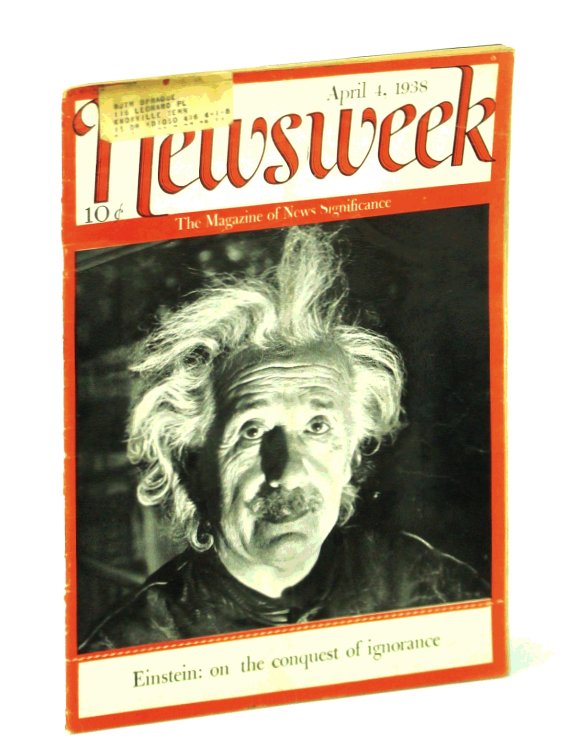 Image for Newsweek Magazine, April 4, 1938 - Albert Einstein Cover Photo and Feature Article Newsweek Magazine, April 4, 1938 - Albert Einstein Cover Photo and Feature Article