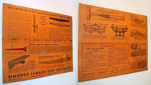 Simonds Canada Saw Co. Limited Cross-Cut (Crosscut) Saw Advertisement / Owner's Information Sheet