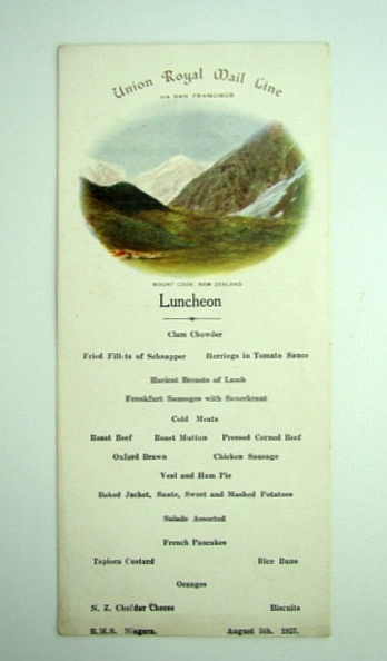 Union Royal Mail Line Luncheon Menu, August 5th, 1927 - R.M.S. Niagara
