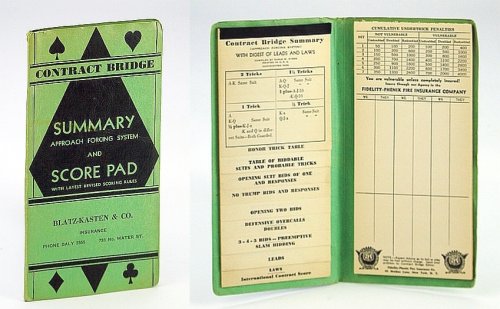Vintage Contract Bridge Score Pad with Scoring Rules - Sponsored By Blatz-Kasten & Co. Insurance, 735, Water St.