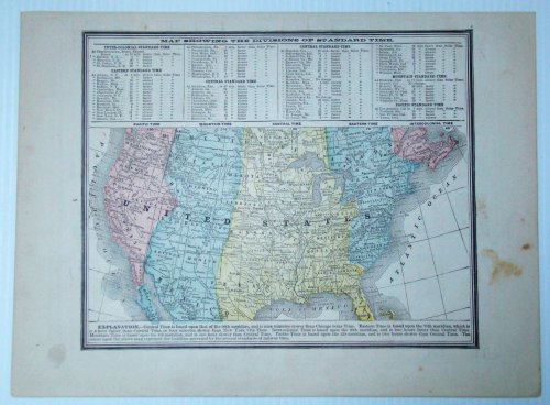 1889 Color Map of the Lower 48 States of the United States (U.S.A.) Indicating Divisions of Standard Time