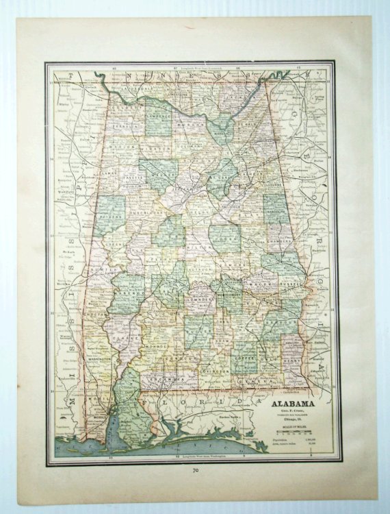 1889 Color Map of the State of Alabama