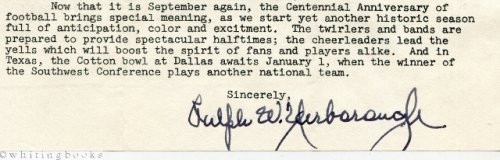 1969 First Day Cover (Football Stamp) with Enclosed Typed Letter Signed from Senator Ralph Yarborough [Texas] on United States Senate Letterhead