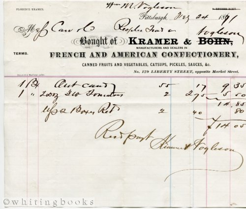 1871 Billhead for Kramer & Vogelson Confectionery in Pittsburgh, Pennsylvania