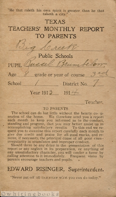 Report Card from Big Creek School in Fort Bend County, Texas 1913-1914: Rare Ephemera from a Settlement Long Gone from the Map (if it was ever on one)