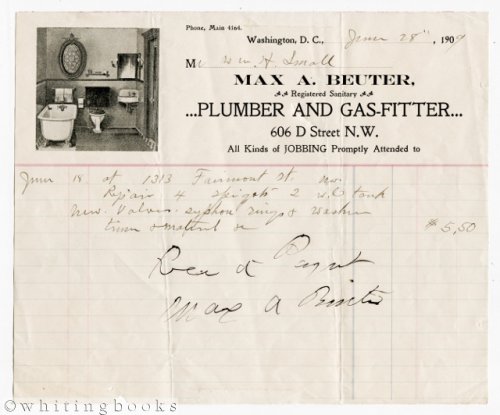 Billhead for Max A. Beuter, Plumber and Gas-Fitter, Washington, D.C. 1909