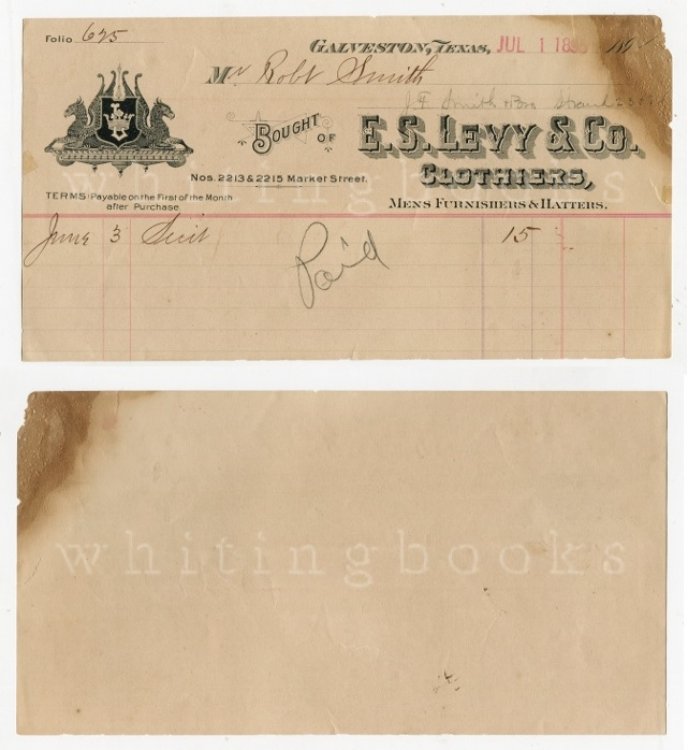E.S. Levy & Co. Clothiers, Galveston, Texas 1895 Billhead