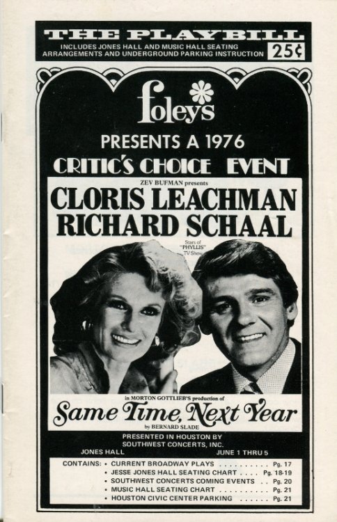 The Playbill: Foley's Presents Cloris Leachman and Richard Schaal in Same Time, Next Year at Jones Hall, Houston, Texas, 1976
