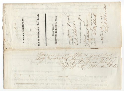 Cross County, Arkansas 1875 Clerk's Certificate of Sale of Delinquent Tax Lands to L.N. Rhodes in 1873