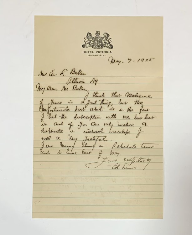 1925 Handwritten Letter on Letterhead from Hotel Victoria in Louisville Kentucky