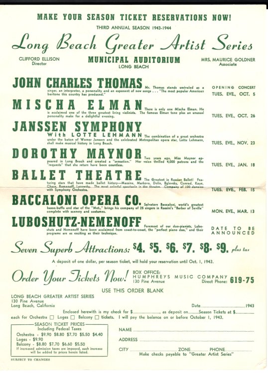 Long Beach Greater Artist Series 1943 Program: Carmen Amaya with Antonio Triana and Sabicas, Guitarist; Sunday Evening, August 29th, 1943, at Municipal Auditorium, Long Beach, California