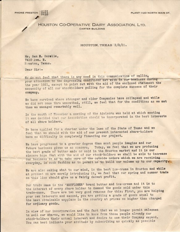 1922 Letter from Houston Co-operative Dairy Association, Ltd to Stockholders