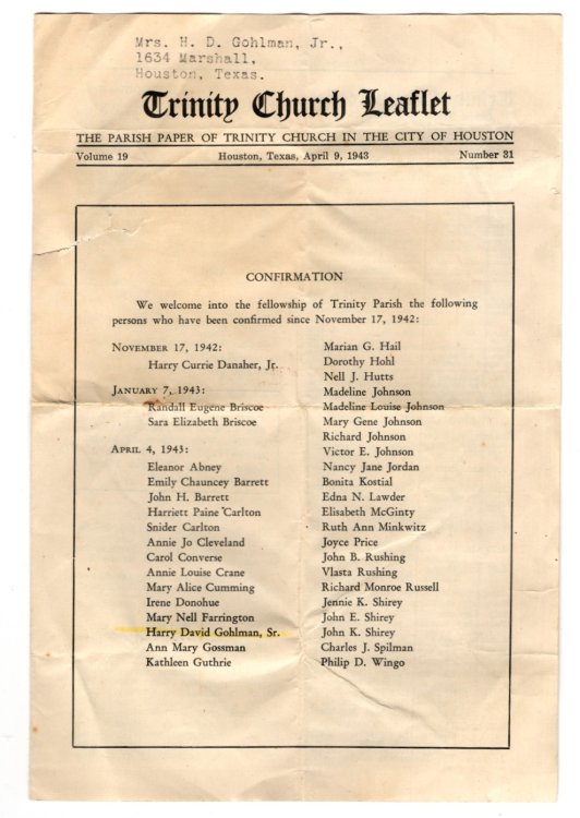 Trinity Church Leaflet Episcopal Houston Texas April 19, 1943 Parish Paper News
