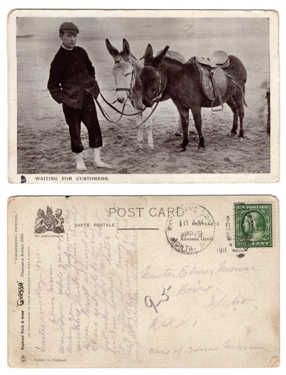 Raphael Tuck Postcard, Fourfooted Friends Series, Waiting for Customers - Boy and Two Donkeys
