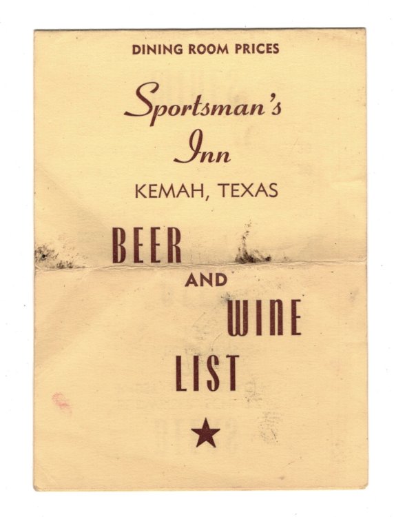 Beer and Wine List for Sportsman's Inn, Kemah, Texas Circa 1950s to 1960s