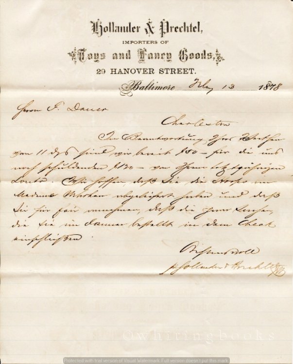 [Ephemera] [Merchants] Hollander & Prechtel: Importers of Toys and Fancy Goods, Baltimore, 1878