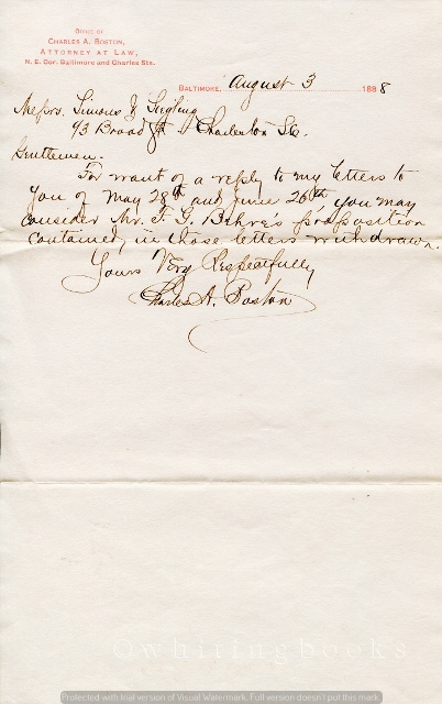 Handwritten, Signed Letter from Baltimore Attorney Charles A. Boston to Simons & Siegel of Charleston, South Carolina, 1888