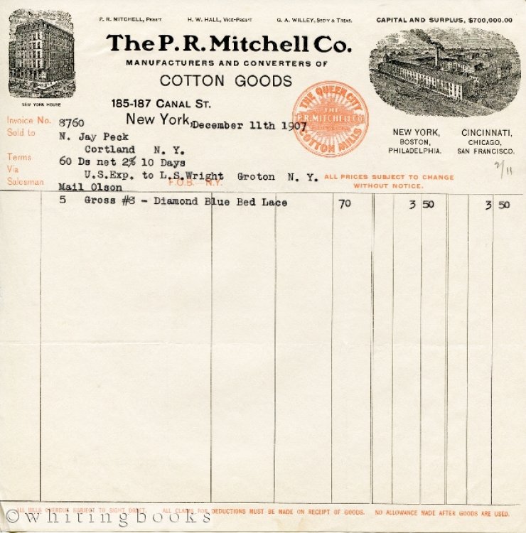 1907 Billhead from P.R. Mitchell Co., New York Manufacturers and Converters of Cotton Goods
