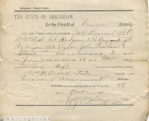 1891 Summons to Appear in Cross County, Arkansaw Circuit Court, Sheriff Killough